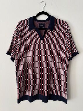Abercrombie & Fitch Mens L Red Navy Geometric Knit Polo Sweater Short Sleeve